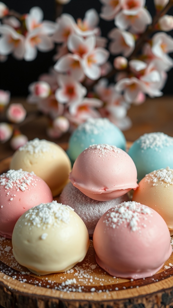 Colorful mochi ice cream balls on a wooden platter, dusted with cornstarch, with cherry blossoms in the background.